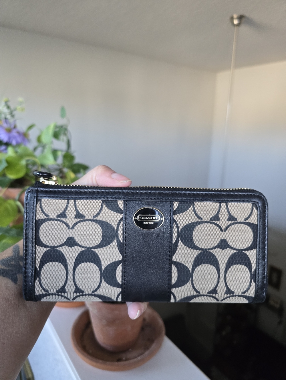 Coach C Signature Black and Tan Canvas And Leather Zip Wallet
